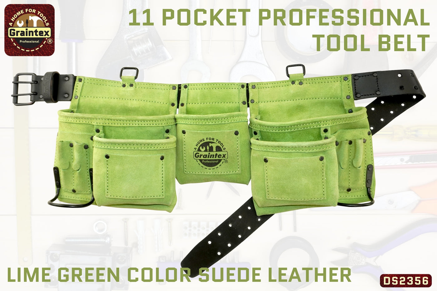 DS2356 :: 11 POCKET PROFESSIONAL TOOL BELT LIME GREEN COLOR SUEDE LEATHER