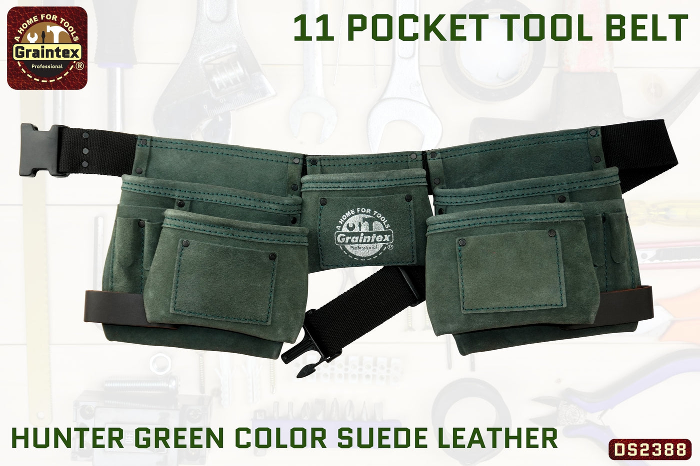 DS2388 :: 11 POCKET TOOL BELT HUNTER GREEN COLOR SUEDE LEATHER