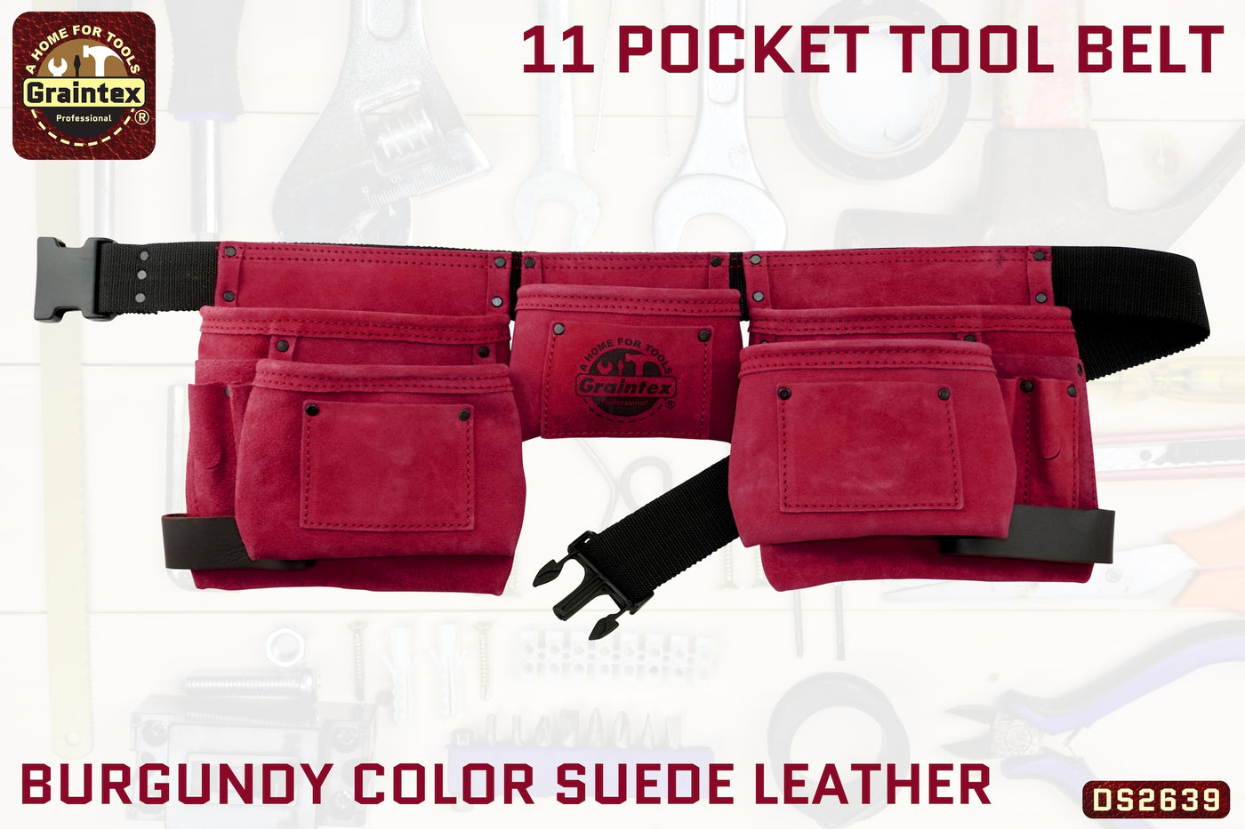 DS2639 :: 11 POCKET TOOL BELT BURGUNDY COLOR SUEDE LEATHER